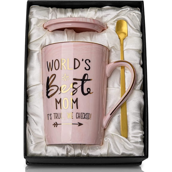 Mothers Day Gifts for Mom from Daughter Son Kids - 14Oz Funny World'S Best Mom Mug with Gold Print, Birthday Presents for Mama Wife, Unique Pink Marble Coffee Cup with Lid Spoon Card, Elegant Gift Box