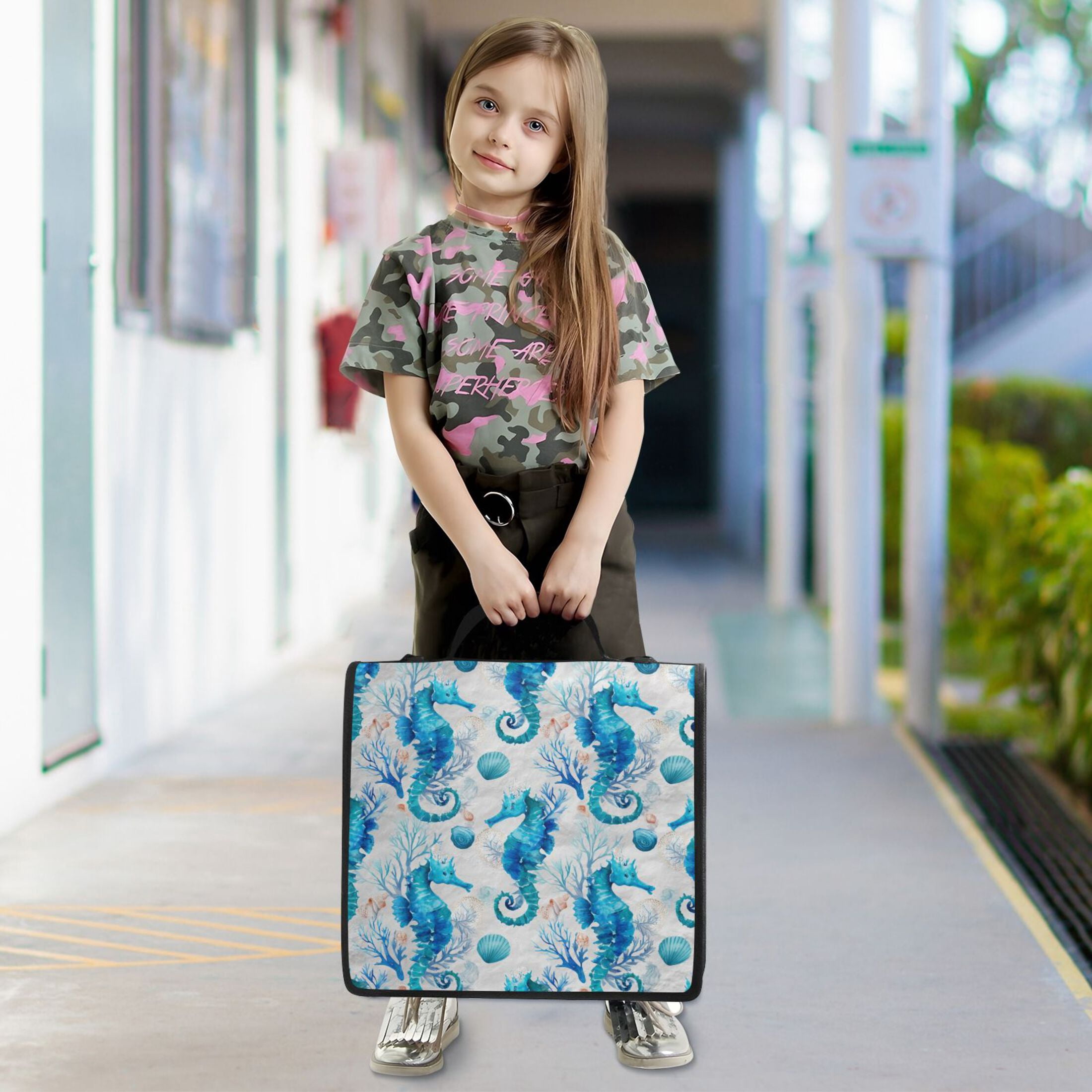 3 Ring Zipper Binder Stationery Organizer for Study Work Home Travel, All-Purpose File Folder Storage Bag for Daily Document Organization Watercolor Blue Seahorse Pattern