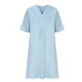 thumbnail image 3 of QUYUON Casual Summer Linen Dresses for Women V-Neck Short Sleeve Midi Dress Solid Color Loose Flowy A-Line Tunic Dress Mid-Length Dress Wedding Guest Evening Party Dress Style D-7117 Light Blue M, 3 of 6