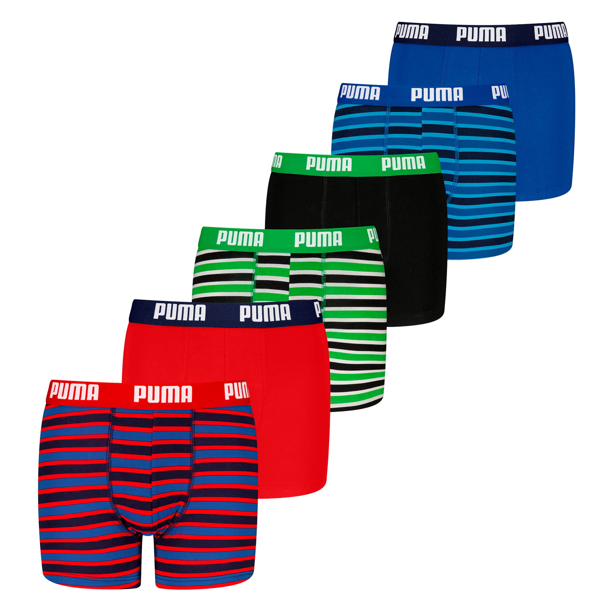 PUMA Boys Boxer Shorts, 6 Pack - Everyday Striped Boxers ECOM 6P, Cotton Stretch, Stripes Blue/Green/Red 134-140