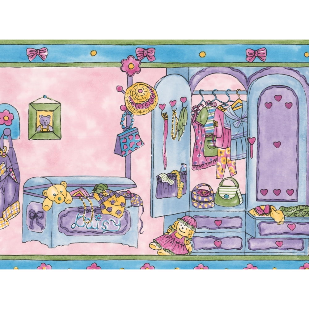Wallpaper Border Kids Room with Dolls Dresses Toys