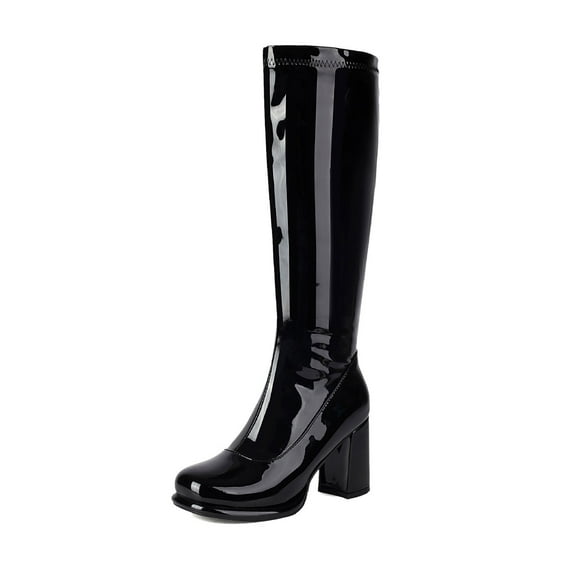 Xiaoxatg Women's Mid-Calf Boots Leather Knee High Platform Heeled Boots with Zip Closure for Everyday Wear and 7.5 Black