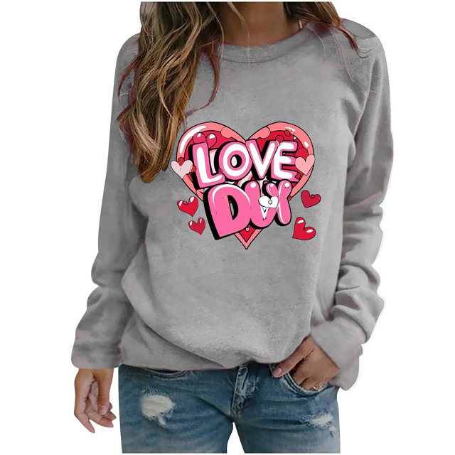 Amzcrzy Hauts pour Femmes Décontractés Col Rond Printemps Été Hauts Mode Imprimé Cœur d'Amour Saint-Valentin Chemises pour Femmes Classique Polyvalent Manches Longues Tee-Shirt Valentines