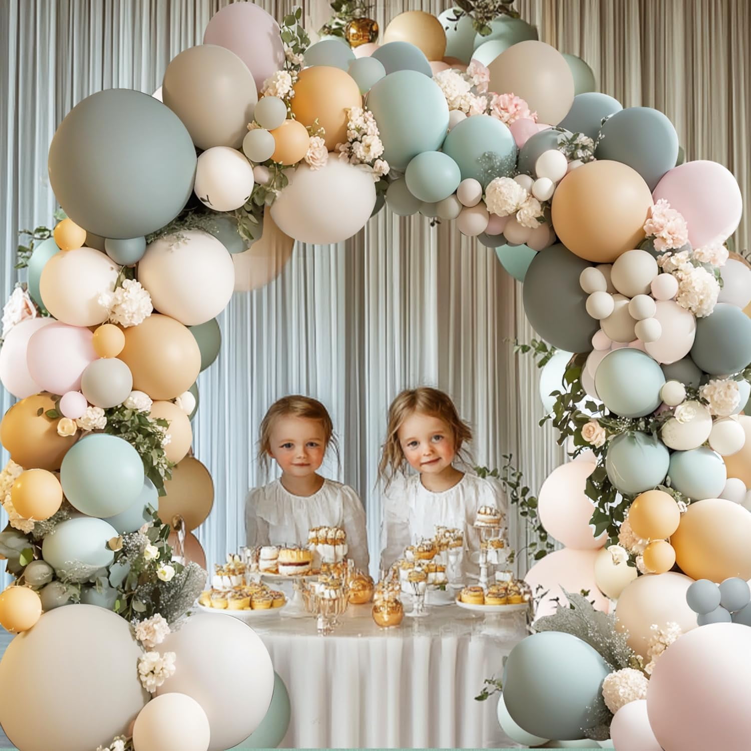Dusty Green White Pink Balloons Arch Kit, Double Stuffed Pastel Balloon Arch Dark Light Green Pink Nude White Sand Brown Balloons for Gender Reveal Woodland Wedding Birthday Party Decoration