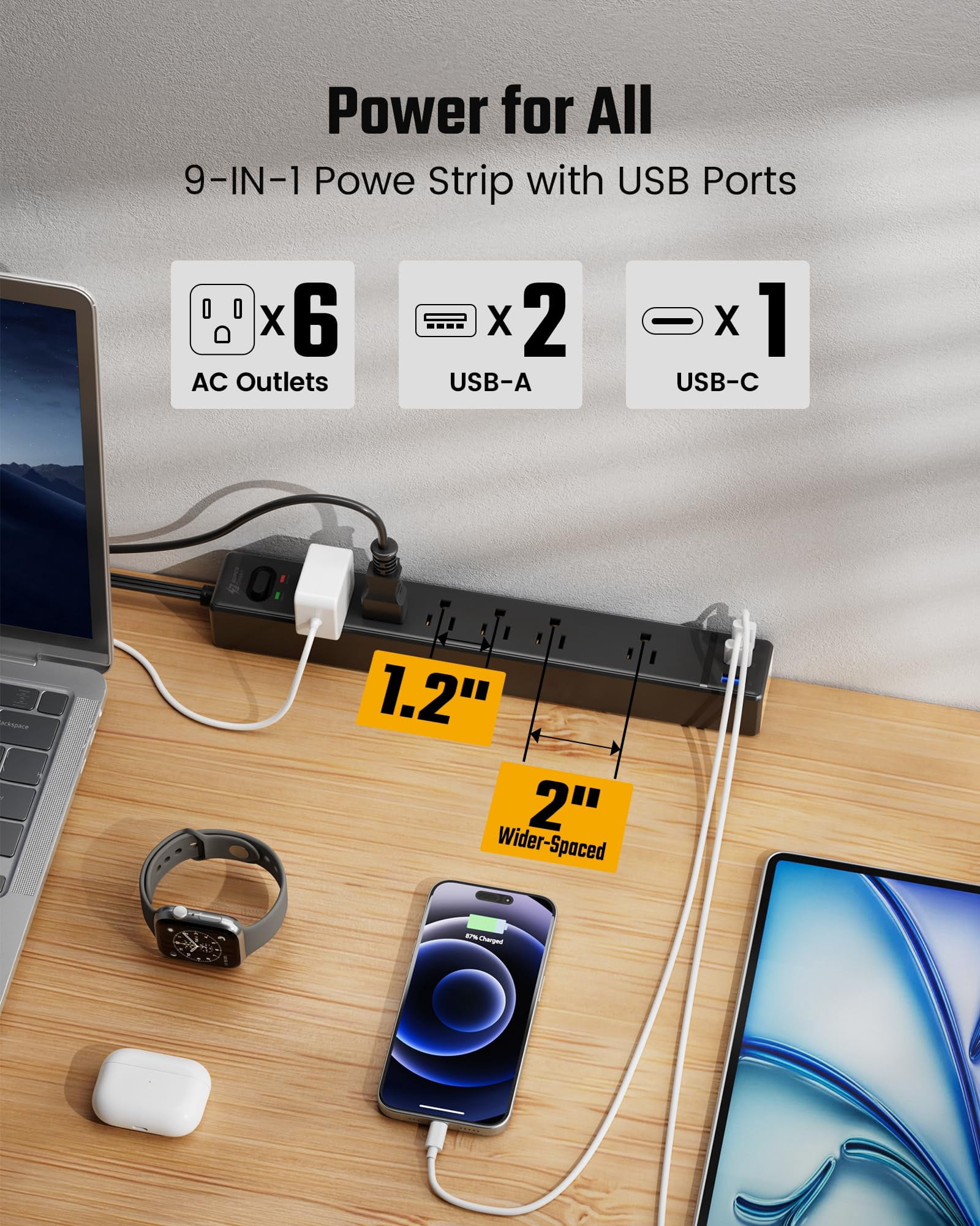 10ft Extension Cord With Multiple Outlets  Flat Plug Surge Protector Power Strip 3 Usb Ports & 6 10 Ft Long Black Charging Station For Home Office Dorm Room