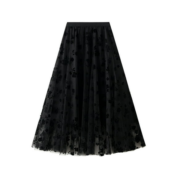 Fgnfyis French Style Mesh Splicing Flocking Large Hem Skirt for Women 2025 Waist A-line Skirt Elegant Midi Skirt Black One Size