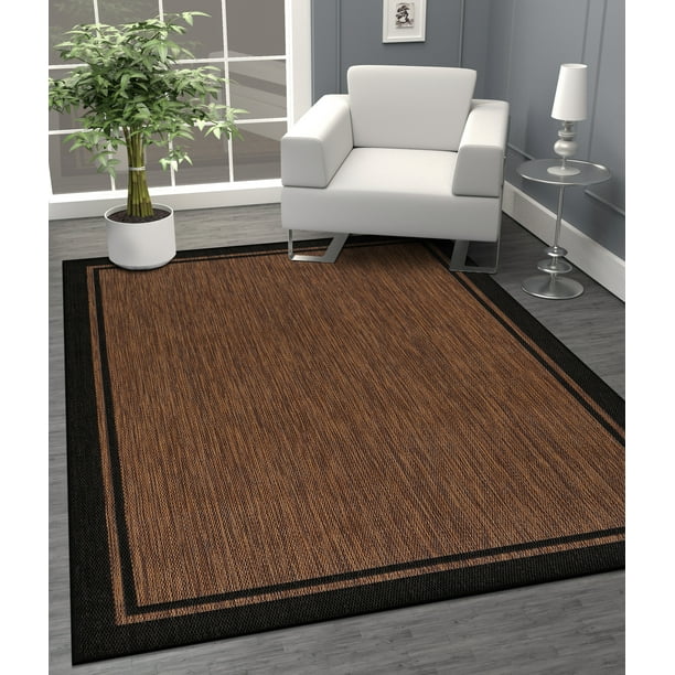 CAMILSON Summer Bordered, Washable Outdoor Indoor Area Rug, Nut Brown