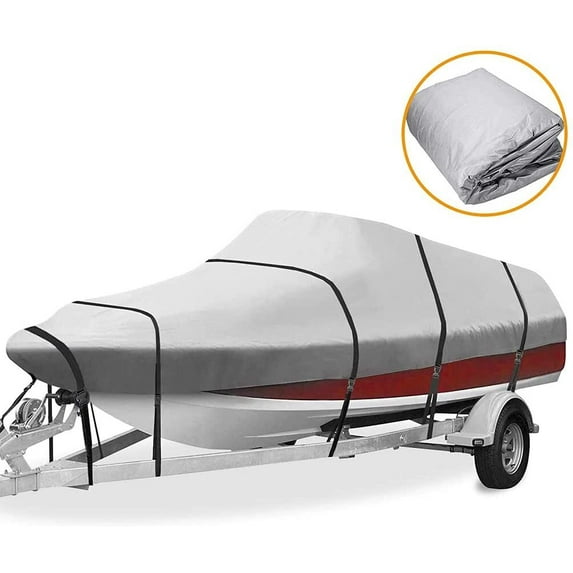 CCIYU Boat Cover Fits 14ft-16ft long and beam width up to 90inch 600D Oxford Heavy Duty Trailerable Cover for V-Hull,Tri-Hull,Pro-Style,Fishing,Bass Boat,Runabout-All Weather Protection Grey