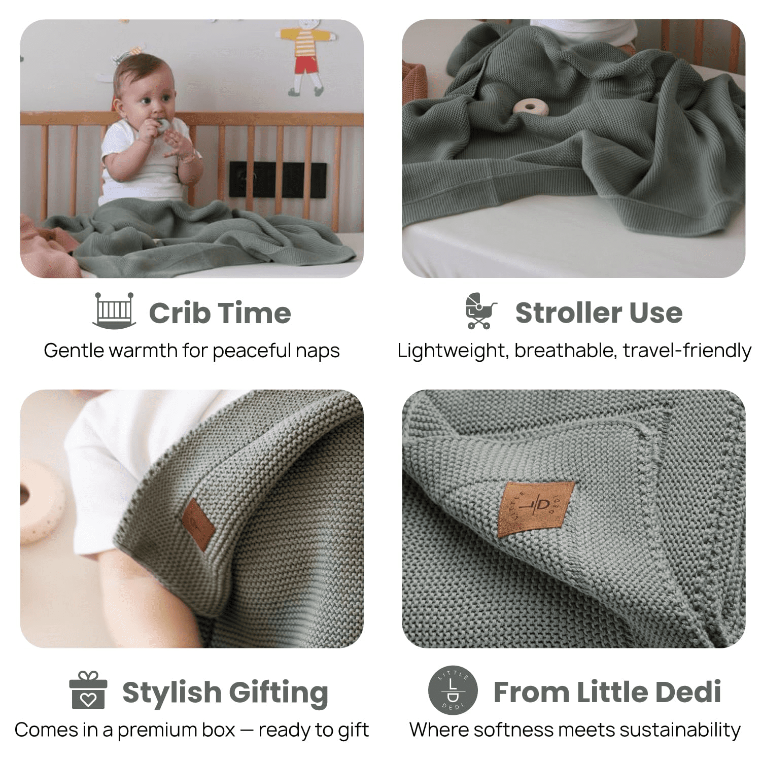 Little Dedi 100% Organic Cotton GOTS certified Baby Knitted Blanket with Gift Box - Soft Toddler, Crib, Stroller Blanket - Neutral Swaddle and Receiving Blanket for Newborns, 30"x40", Green