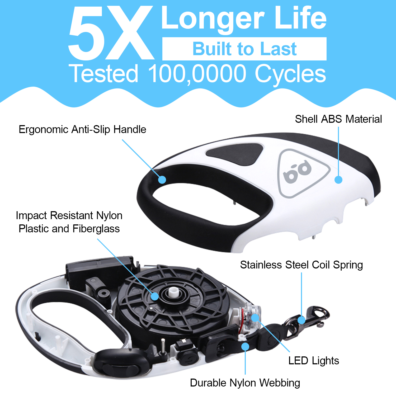 HOOTEK Retractable Dog Leash with LED Light, 16ft Heavy Duty Dog Leash with Anti-Slip Handle and 360° anti-tangling, One Button Brake & Lock Dog Leash for Small/Medium/Large Dogs Up to 50lbs, Blue