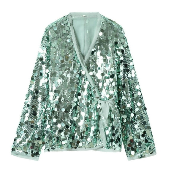 Uootdi Blazers for Women Girls Oversized Long Sleeve Sequin Blazers Jacket Sequin Wrap Tie Front Gift Cardigan Y2K Sparkly Jacke t Lace