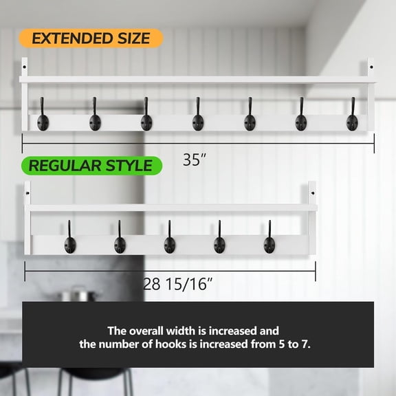 35" L Wall Hooks with Shelf, Entryway Coat Hooks, Wood Wall Hanging Shelf, Wall-Mounted Coat Rack with 7 Dual Metal Hooks for Bathroom, Kitchen, Living Room, Bedroom (White)