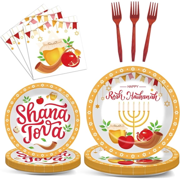 96 Pcs Rosh Hashanah Plates and Napkins Party Supplies Shana Tova High Holy Day Tableware Set Jewish New Year Party Decorations Favors for Kitchen Dining Room Serves 24