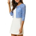 thumbnail image 4 of MODA NOVA Juniors Open Front 3/4 Sleeve Sheer Floral Lace Cropped Shrug Cardigan Blue S, 4 of 6
