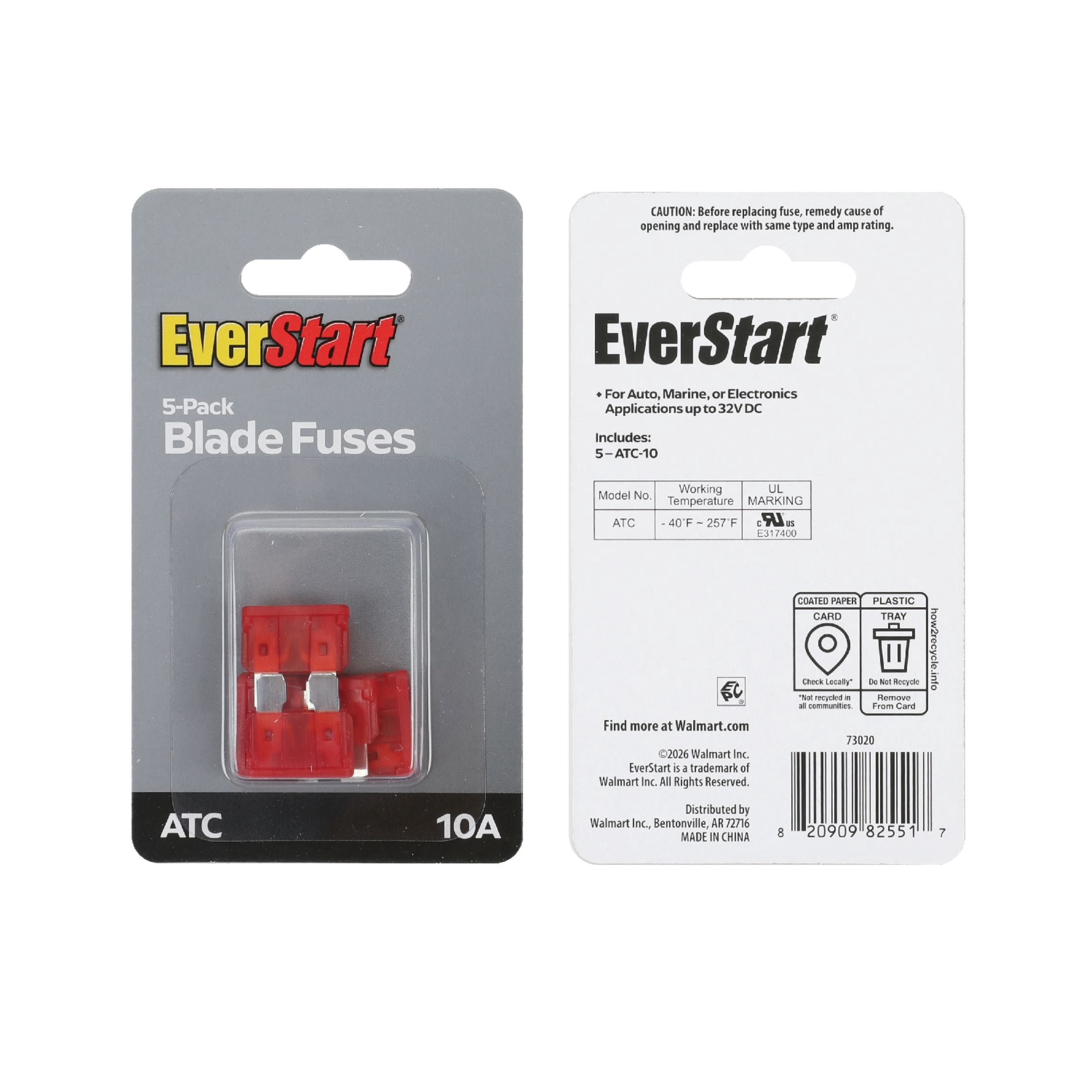 EverStart 10 Amp ATC Blade Fuses, UL Listed, Auto, Marine, and Electronic Applications, 5 pack