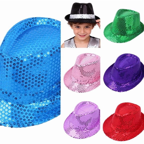 RTKFRFLM Kids Glitter Sequin Fedora Hat Unisex Shiny Jazz Dance Cap Stage Performance Halloween Accessories for Boys Girls