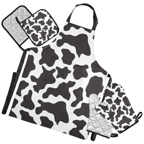Ryvnso Cow Print Kitchen Apron Oven Mitts Set Pot Holders