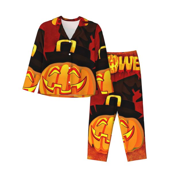 Fotbe Halloween Pumpkin Conjunto de Pijama de Manga Larga para Mujer con Estampado, Ropa de Dormir de 2 Piezas, Conjunto de Casa Suave y Cómodo con Bolsillos-Medium