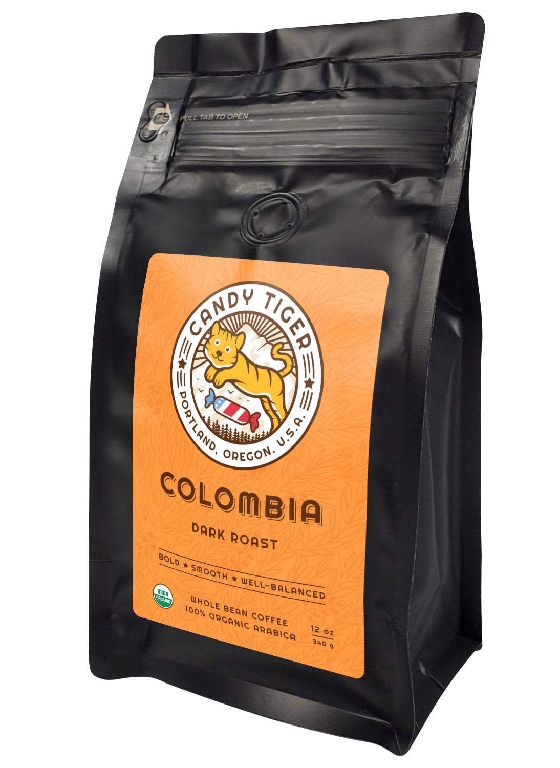Candy Tiger USDA Organic medium to dark roast whole bean single origin coffee from Colombia. Mild acidity, direct trade, hand-picked, 12 oz