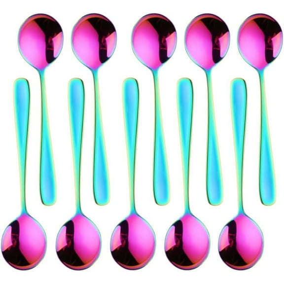 10 Pieces Round Soup Spoons, 18/10 Stainless Steel Finished Bouillon Spoon, Table Dinner Spoons, Rainbow
