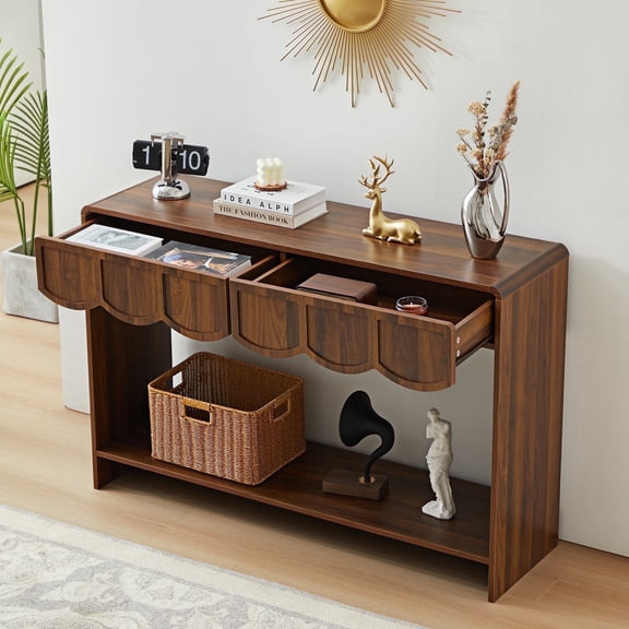 PHOYAL Console Table Sofa Table with 2 Drawer and Open Storage Shelves, Modern Entryway Table for Living Room Hallway Bedroom, Walnut