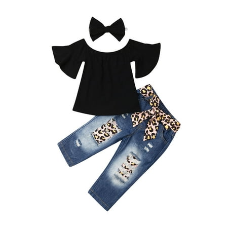 

3PCS Kids Baby Girl Ripped Jeans Outfits Sets Off Shoulder Flare Sleeve Top + Leopard Denim Pants + Headband Summer Sets