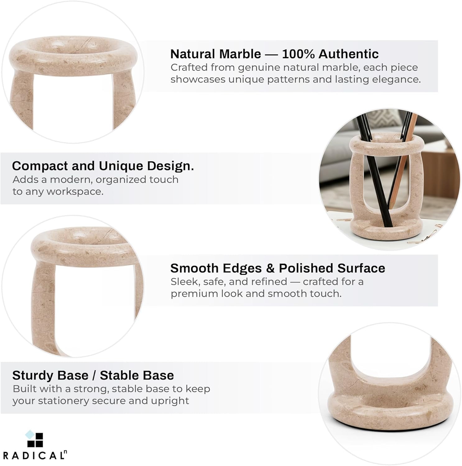 Radicaln Marble Stationary Holder 4 inches Verona Handmade Marker Organizer & Makeup Brush Holder For Desk Decor, Ideal Pencil Holder & Pen Holder For Desk