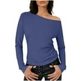 thumbnail image 2 of ClodeEU Women's Asymmetric Shoulder Pleated Long-Sleeve Slim Fit Tshirt ,Boat Neck Off Shoulder Blouse Tops Blue,Womens Plus XXL, 2 of 7