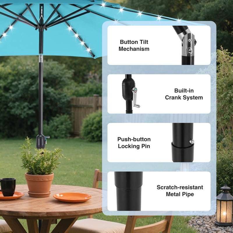 Gianna 10ft Solar Polyester 32 LED Lighted Patio Umbrella with Tilt Adjustment and UV-Resistant Fabric,Lake Blue