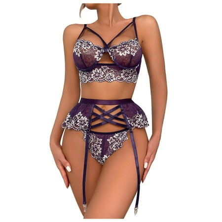 

Rdeuod Valentines Lingerie for Women Ladies Fashion Sexy Cute Lingerie Hollow Lace Flowers Ruffles Sexy Underwear Thong Garter Belt Suit