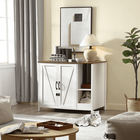 Litter Enclosure with Litter Collector, Litter Cabinet with Dog-Proof Adjustable Shelf, (Antique White)