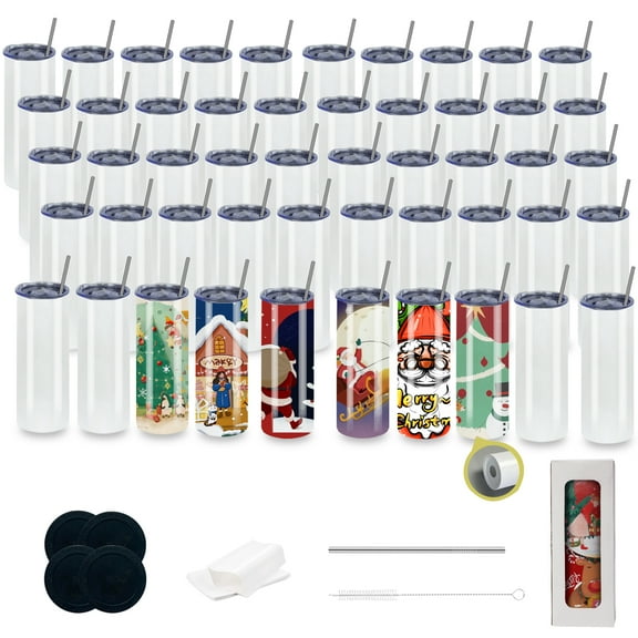 50pcs flat edge sublimation tumblers ，White skinny insulated Sublimation tumbler for Heat Transfer with gift box ，metal straw， brush， bottom