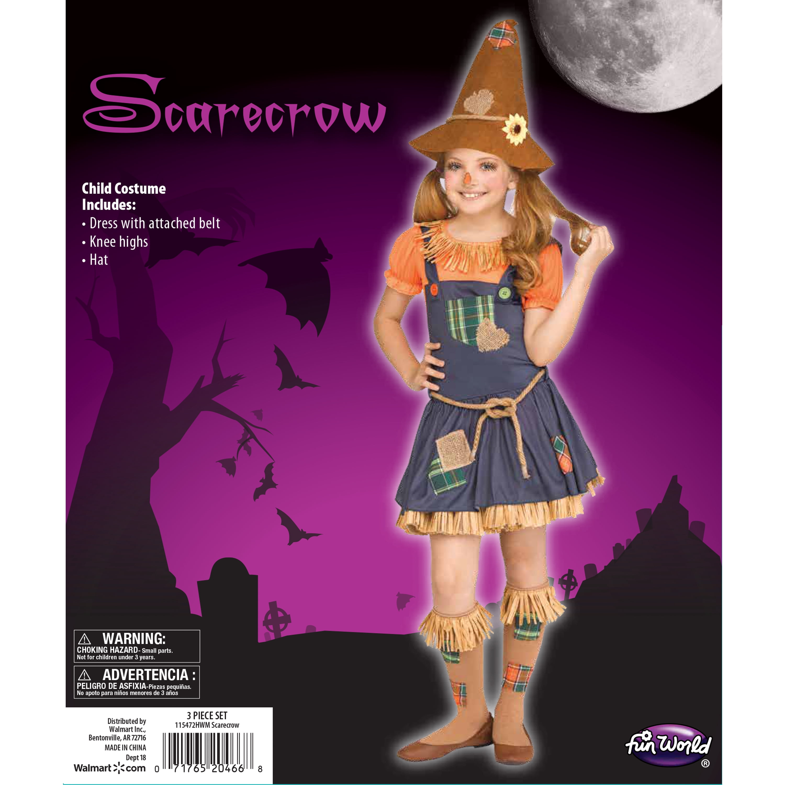 Fun World Scarecrow Multi-Color Halloween Costume Set, Big Girls Female Child