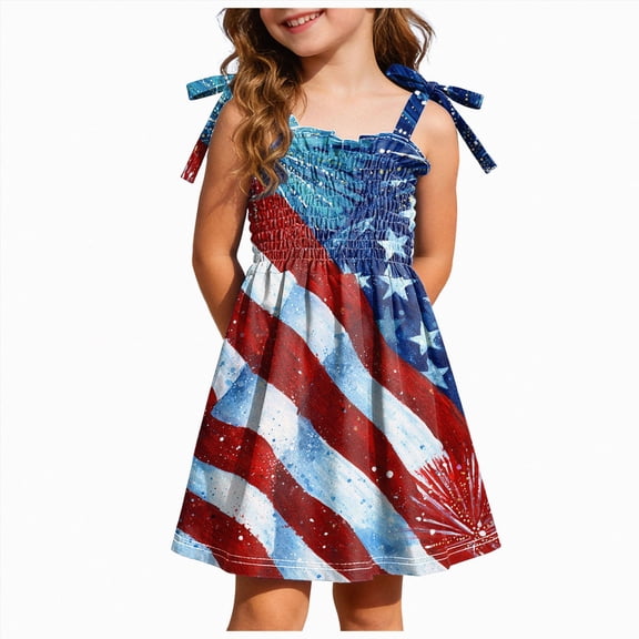 CAUYDY Baby Girls 4th of July Dress Toddler Girl Outfit Kids Patriot Fourth of July Independence Day Clothes Flag Print Strap Casual Summer Smocked Sundress (Sizes 1-2 Years,Sky Blue)
