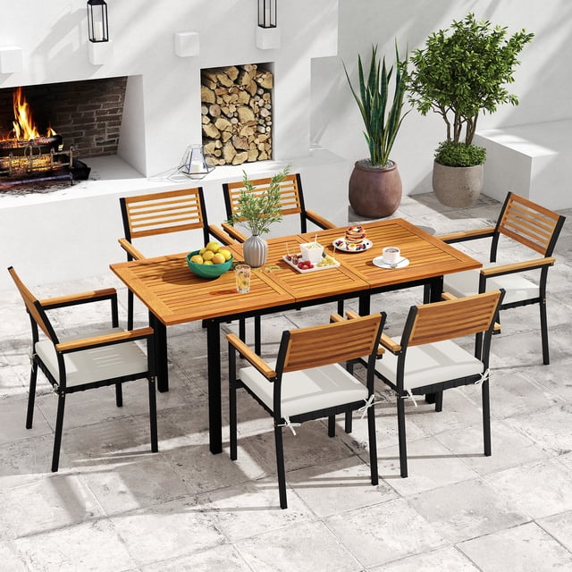 Gymax Ensemble de Mobilier de Patio 7 Pcs Ensemble de Chaises de Salle à Manger d'Extérieur pour 6 avec Bois d'Acacia et Cadre en Métal