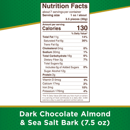 RUSSELL STOVER Sugar Free Dark Chocolate Almond & Sea Salt Bark, 7.5 oz bag (≈ 24 pieces)