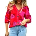 thumbnail image 3 of Women Juniors Knit Cardigan Long Sleeve Sweater Strawberry Print Knitwear Coat Fall Casual V-Neck Crop Tops Outwear for Teen, 3 of 9