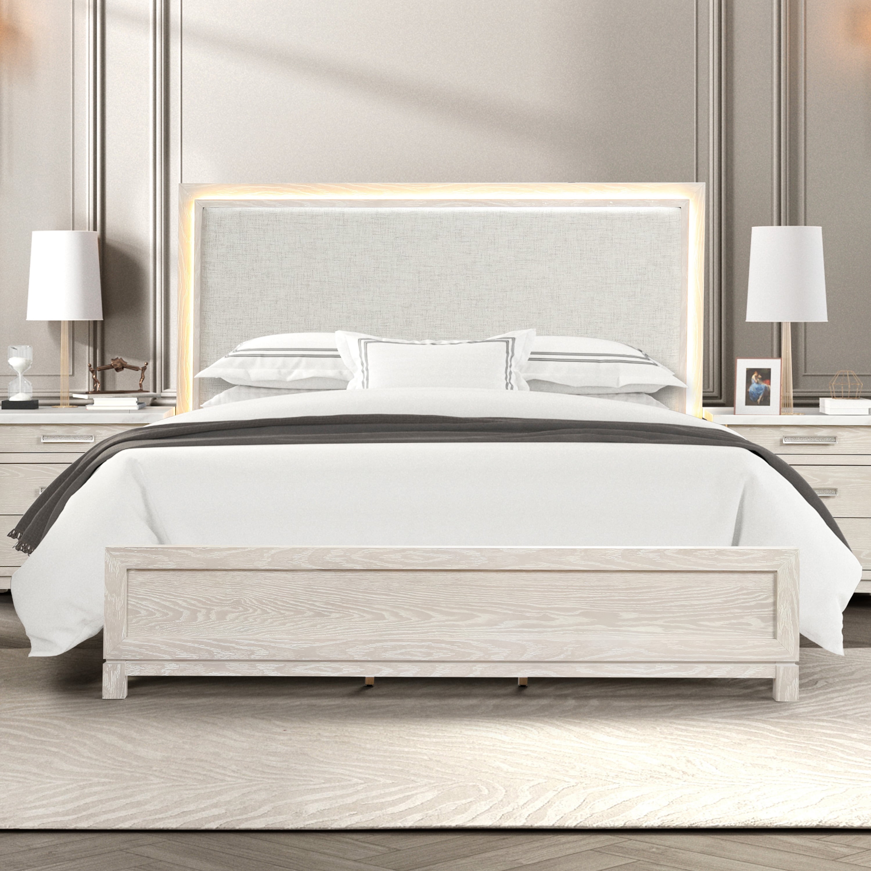 Furniture of America Sagnet Solid Wood Panel Bed with LED, Queen, Weathered Gray