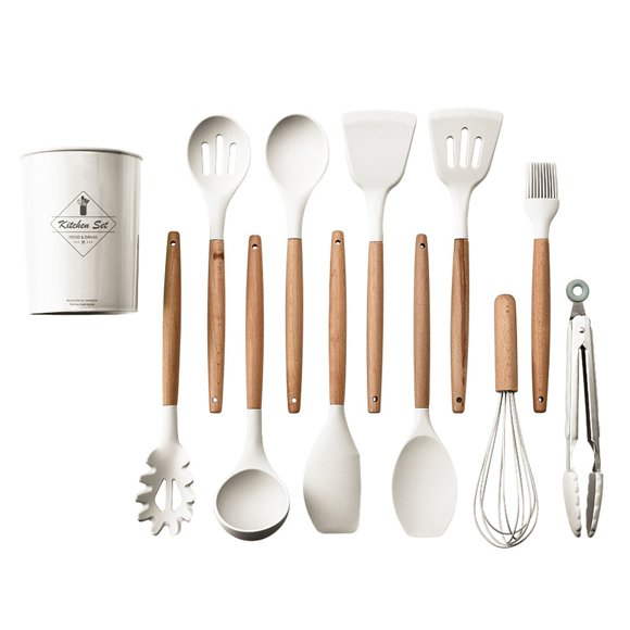 Silicone Kitchen Utensils Set 11 Piece Wooden Handle Silicone Cooking Tableware Set (Dishwasher Can Be Used for Cleaning) 200 ° F Heat-Resistant Scraper Set, Non Stick Pot, Best Kitchen