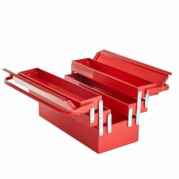 Tool Box 18-inch 3-Tier 5-Tray Folding Cantilever Toolbox - Red - Portable Steel Tool Organizer with Lock Hole & Dual Handles