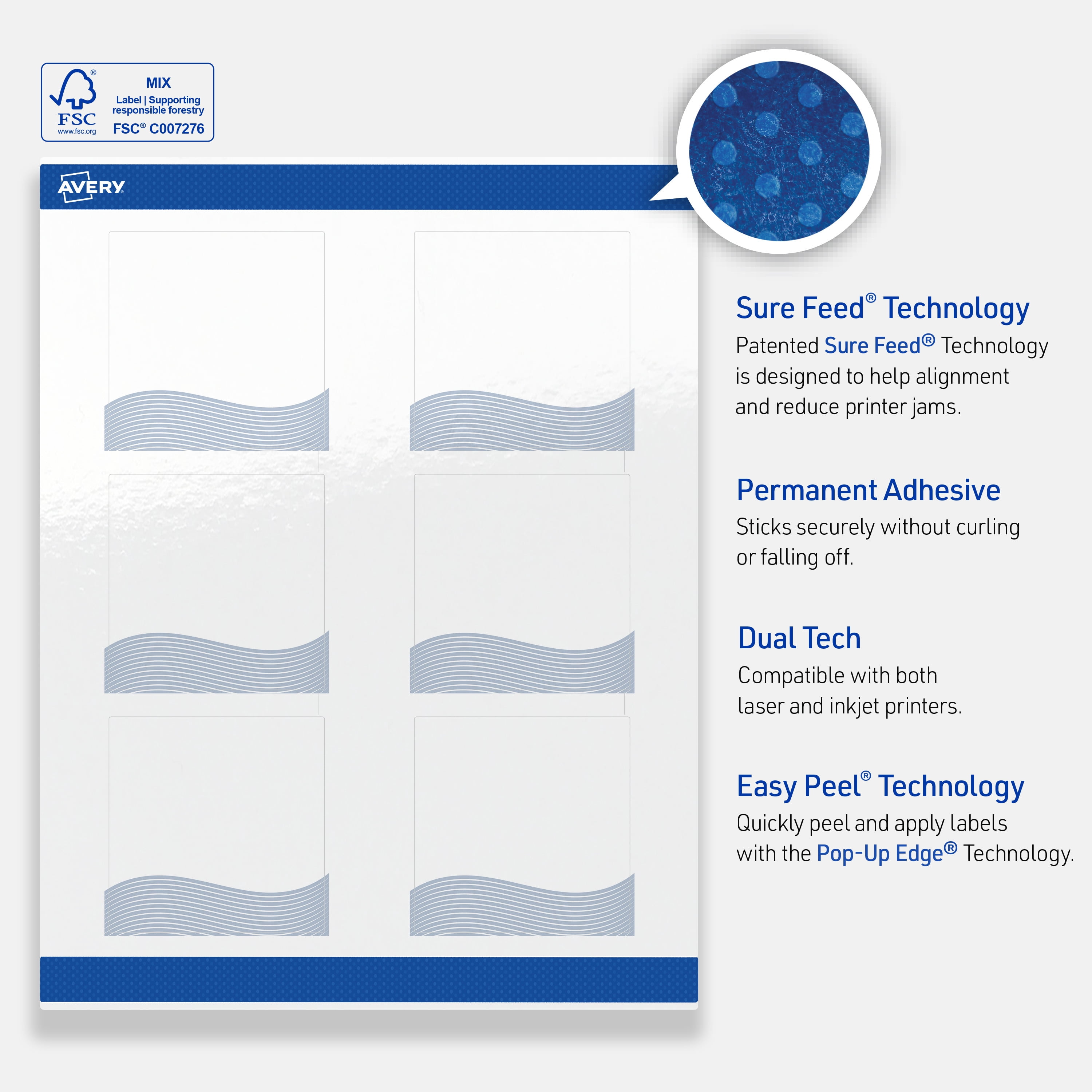 Avery Labels, 3" x 3", Glossy White, Blue Waves Design