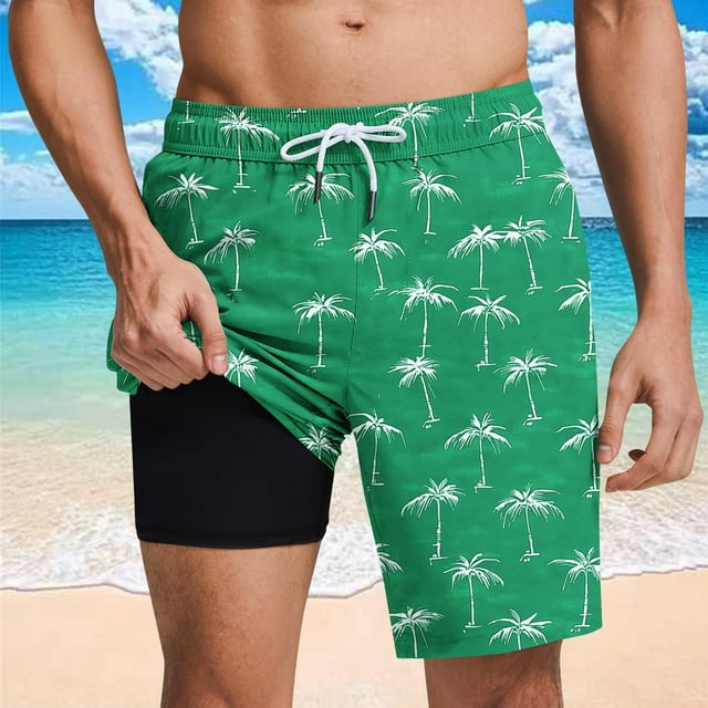 Sentmoon Mens Swim Trunks with Compression Liner Elastic High Waist Loose 2025 Summer Athletic Shorts Drawstring Hawaiian Print Lightweight Golf Shorts with Pockets Trendy for Hangouts Green XXXL