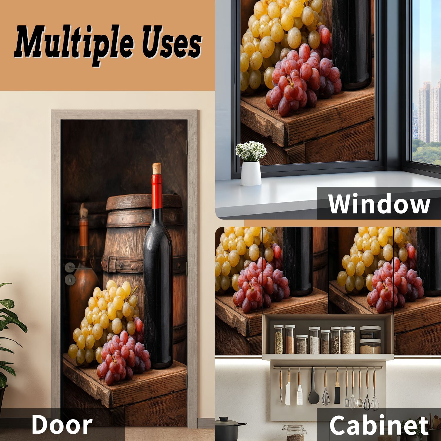 Self Adhesive Vinyl Refrigerator Wrap Set Wine bottle grapes barrel Door Mural Removable Fridge Sticker Peel and Stick&nbsp;Full Door Cover Decal Kitchen Bar Decor