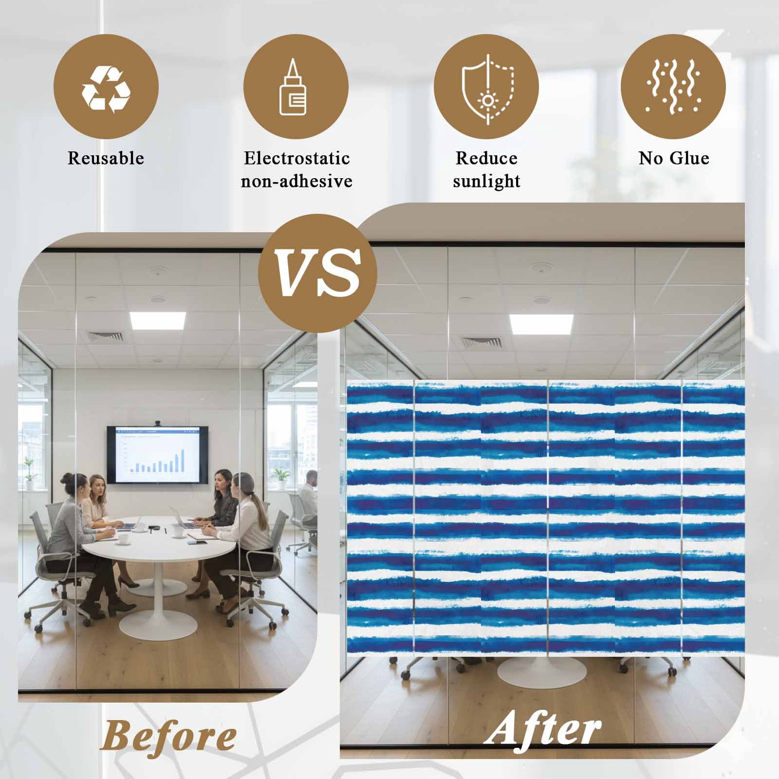Blue Ombre Window Privacy Film, Stripe Abstract Mottled Texture Stripe Frosted Glass Window Clings Static Cling UV Heat Blocking Reusable Door Sticker for Bathroom 23.6 x 59 Inch