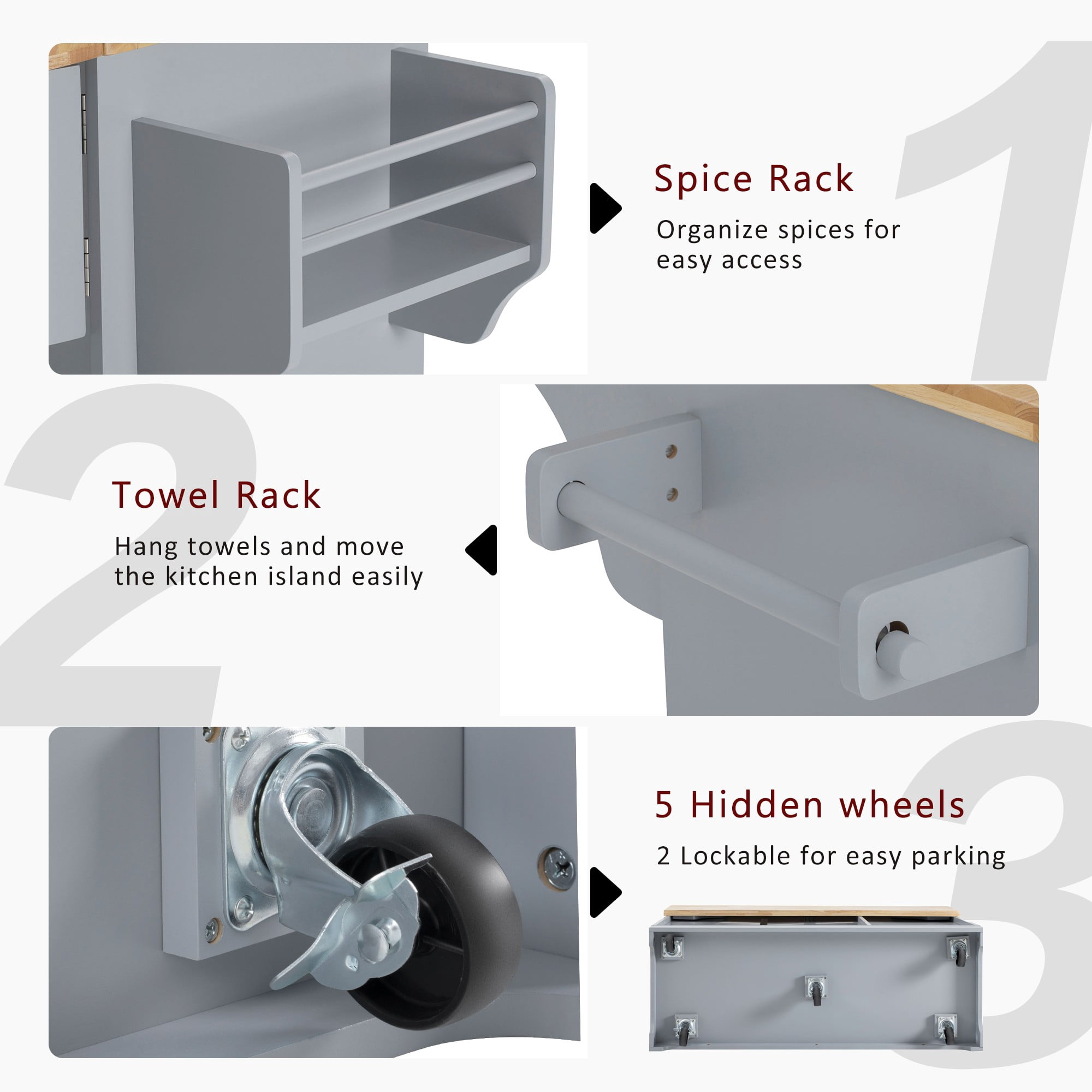 Aukfa 59" Kitchen Island with Power Outlet & Trash Cabinet, Rolling Kitchen Cart, Pull Out Organizers & Drop Leaf,Gray