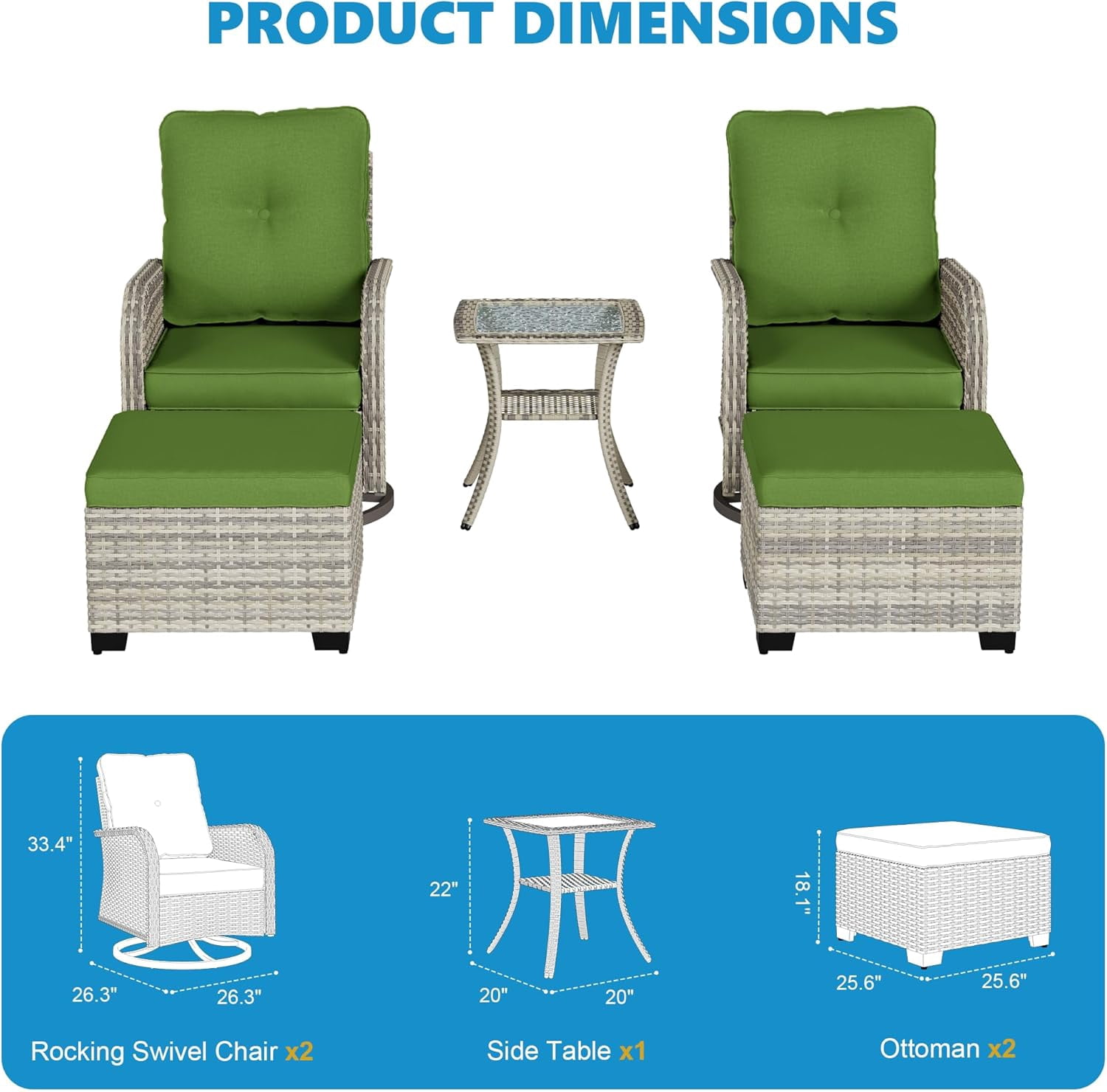 Muphyers 5-Piece Wicker Swivel Rocking Chair Patio Set, Outdoor Patio Furniture Set with Ottomans, 4" Cushions, Adjustable Feet, Double‑Layer Glass Table for Porch Garden Deck Relaxation,Grass Green