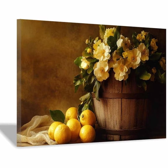 Mudket Vintage Lemon and Yellow Flowers Canvas Wall Art, Framed Floral Print, Ready to Hang Farmhouse Decor for Kitchen Living Room, Rustic Botanical Artwork - 12"L x 8"W