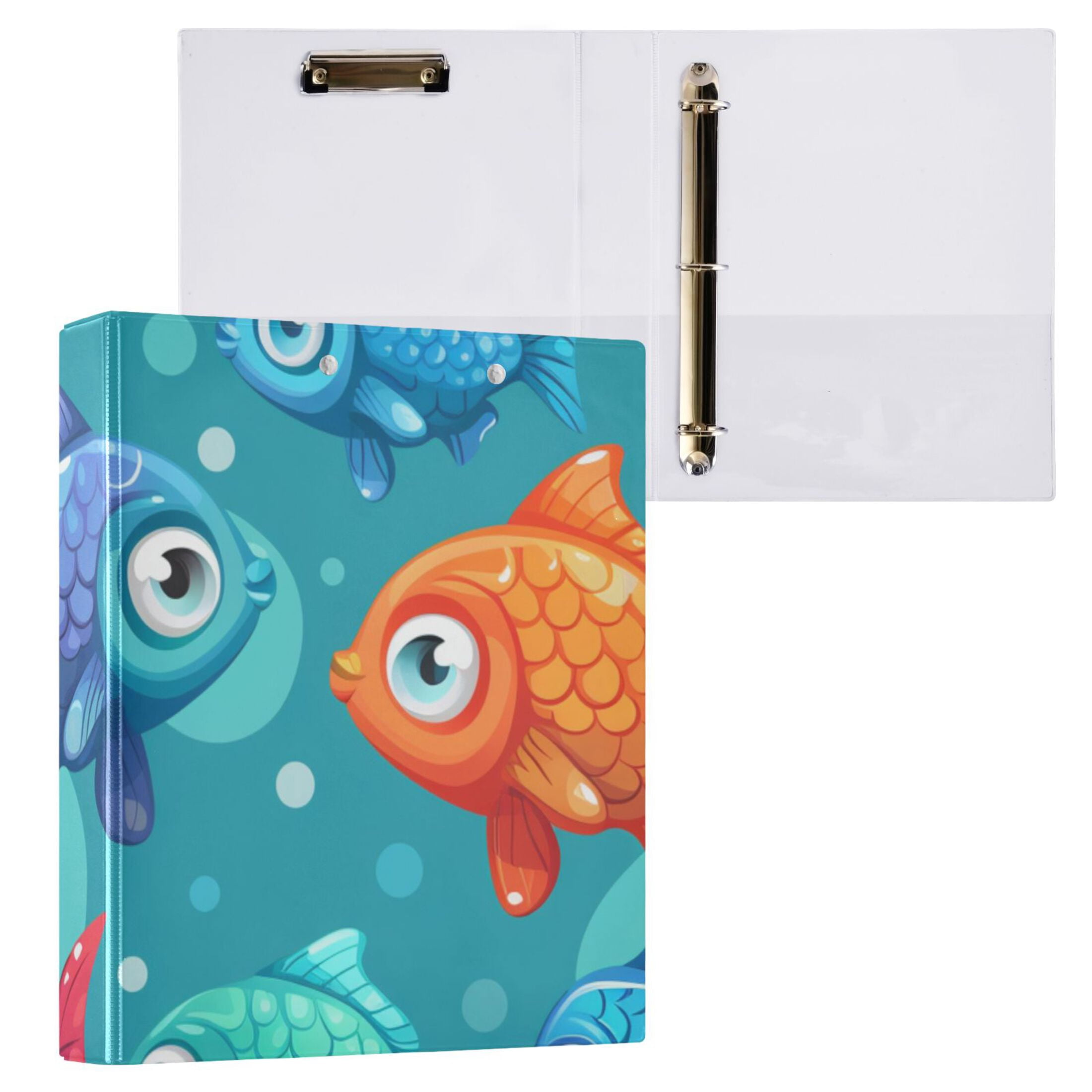 Cartoon Fish 3 Ring Binders 1.5 inch Hardcover File Folders with Interior Pockets A4 Size Organizer for School Office Hospital