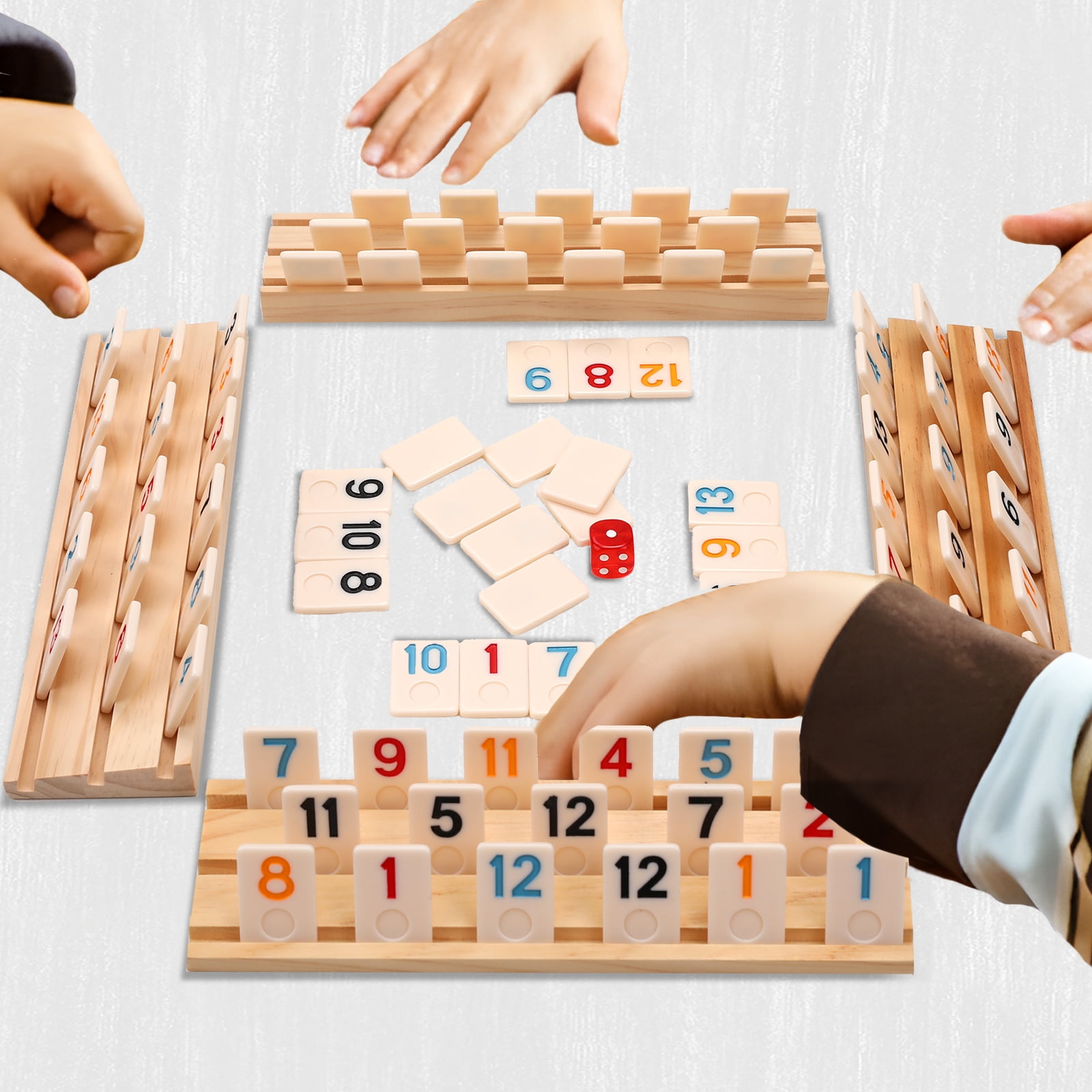 Rummy Cube 4 Player Edition with 4 Wooden Racks,108 Tiles Rummy Cube Game Original with Portable Case，Drawstring Bag Rummy Game Large Number Rummy Tiles Travel Game Set for Family Classic Board Games