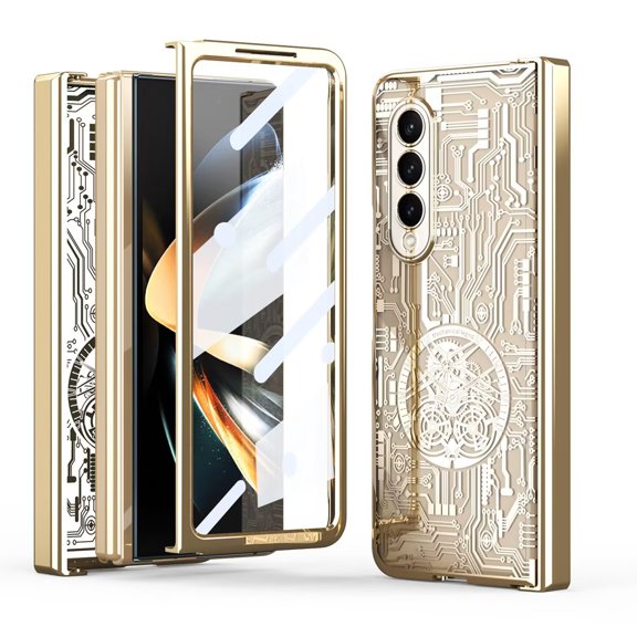 MonsDirect for 7.6 inch Samsung Galaxy Z Fold 4 5G 2022 Case, Mechainical Gear Clear Plating Frame Hard PC Back Shell With Screen Protector, Slim Folding Hinge Protection for Galaxy Z Fold 4, Gold